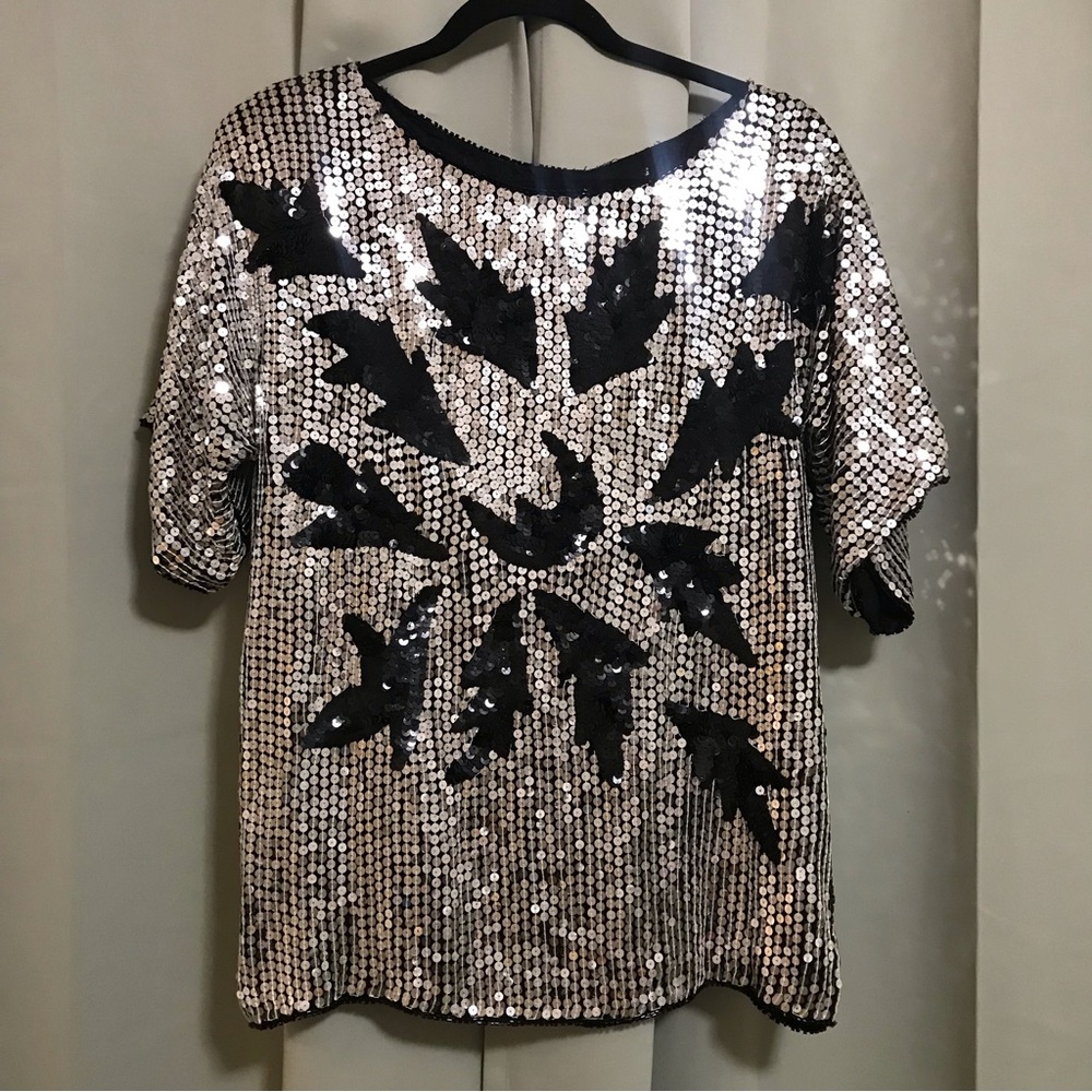 Jean for Joseph Le Bon 100% Silk Black and Silver Sequin Blouse
